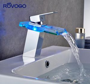 Rovogo LED Basin Faucet Brass Waterfall Cores de temperatura Alterar a pia do banheiro TAP FRIO E 8466642