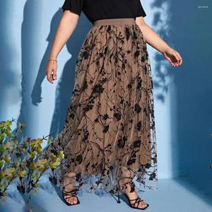 Skirts Women Skirt Elegant 3d Embroidered Leaf Print A-line With Double-layered Mesh Tulle High Waist Design For Stylish