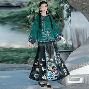 Roupas étnicas 2024 Mulheres em estilo chinês Hanfu Salia elástica de cintura elástica bordada vintage bordada A-Line Casual Long T001