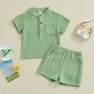 Zestawy odzieży ubrania dziecięce ubrania dla dzieci chłopcy swobodny guzik z krótkim rękawem i solidne kolorowe spodenki Set Summer 2pcs strój