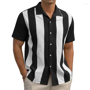 Men's Casual Shirts Contrast Color Striped Patchwork Summer Men Fashion Turn-down Collar Button Cardigan Mens Tops Short Sleeve Shirt