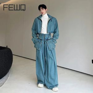 Fewq Mens Wear Personality Denim Pants Set Two-Piece Fashion dragkedja Kort jacka Bred benbyxor Big Pocket Autumn 9C1543 240429