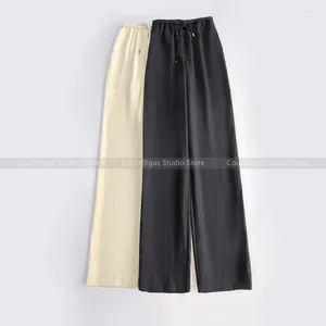 Calça feminina nicho sueco textura simples confortável cintura luminosa cintura fria linho de algodão reto calças casuais