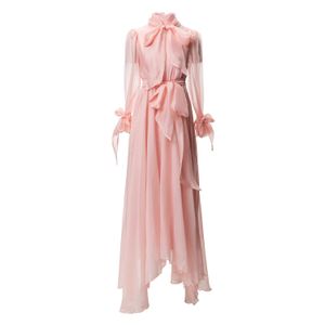 Summer Pink Solid Color Ribbon Tie Bowknot Dress Lång ärm Stand Colle midja bälte Midi Casual Dresses A4A291535