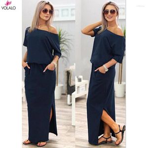 Party Dresses VOLALO Women Boho Maxi Dress Sexy Summer Short Sleeve Side Slit Loose Evening Long Beach With Pocket Vestidos