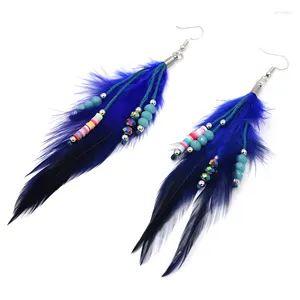Dangle Earrings FONGOS Ethnic Jewelry Dark Blue Feather Boho Colorful Clay Crystal Beads String Drop For Women Friends Gifts