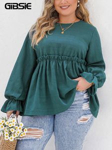 Gibsie plus size solid frill trim peplum top blus kvinnor mode 2024 vår elegant långärmad kvinnlig kvinnlig oneck blusar 240419