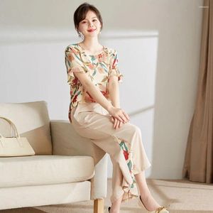 Women's Two Piece Pants Women Floral Print Two-piece Suit Set Flower Ruffle Sleeves Top Wide Leg Trousers For