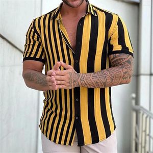 Camisa casual de camisa masculina 2024 verão listrado 3d impresso com mangas curtas de lapela havai praia férias confortáveis roupas de tecido