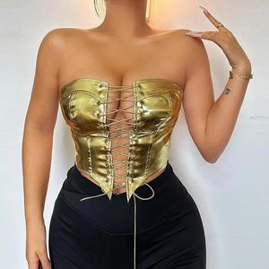 Frauen Tanks Gold Sexy Criss Cross Schnürung Bodycon Cropped Top Women 2024 Mode unregelmäßige Club -Party ärmellose Weste Camis Tops