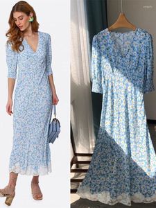 Abiti per feste 2024 Donne primaverili Abito a V-Neck Fresh Abito a metà lunghezza Mezza manica Daisy Stampa in pizzo High Waist Long Robe per Lady Holiday