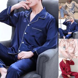 2 PcsSet Pajamas Suit Imitation Silk Singlebreasted Cardigan Plus Size Men Nightclothes For Home 240428