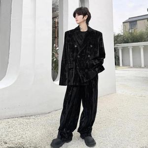 Men's Suits Men Double Breasted Vintage Velvet Emboss Loose Casual Suit Jacket Pant Sets Korean Streetwear Blazers Trousers For Man