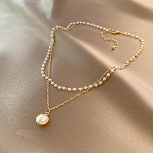 Женское жемчужное ожерелье kpop Золотое цвет бусинки подвесные ожерелья Гот Двойной цепь Кокер для женских модных украшений 240422