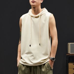 Summer Mens Loose Tank Tops Gyms Fitness Hooded Vest Sleeveless Outdoor Solid Pullovers T-shirts Casual Sportwear Tees 240430