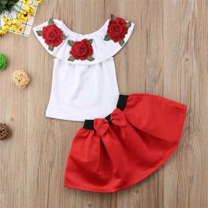 Clothing Sets Summer New Baby Girls Set Rose Embroidered Top Toddler Clothing Bow Red Skirt Children 2Pcs Sweet Fashion Kids Costume Outfit