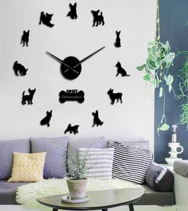 チワワ3d diyミュートアクリルウォールクロックパピードッグブリードウォールアート装飾時計時計パグ動物自己接着クリエイティブショーx07263009786