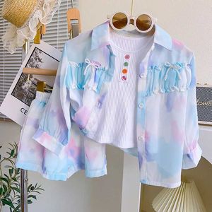 Одежда наборы для девочек Set Set Summer Cool Blouse Room+Shorts+Жилета Fashion Korean Girls наряды наборы для малышей для девочек-одежды 3pcs 2-8y