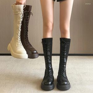 Boots Elastic Women's Shoes 2024 Spring And Autumn Fashion Knitted Lace-up Thick-soled Non-slip Long