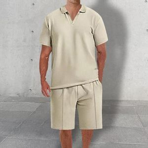 Men's Tracksuits 2-piece Summer Casual Suit Lapel V-neck Short-sleeved T-shirt Elastic Waist Drawstring Wide-leg Shorts Sports