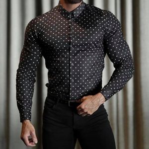 Men Vintage Polka Dot Print Business Fit Lapel Casual Long Sleeve Shirt Streetwear Cardigan High End Long Sleeve Shirt 240429