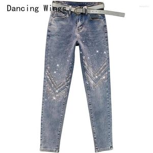 Jeans femminile primavera rinestone elastico ad alta vita signore aderente perforazione pantaloni di jeans skinny