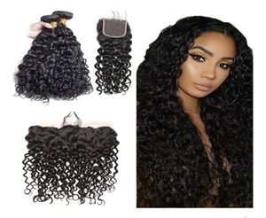 Raw unprocessed human virgin hair water wave bundles 3 or 4 pcs with hand tied frontal lace closure 13X4 PLUS 4X42462909