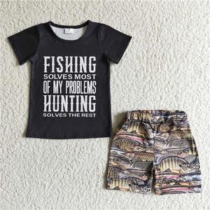 Clothing Sets Summer Fashion High Quality Black Top Letter Fish Print Custom Toddler Boutique Wholesale Boys Kids Set