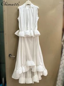 Abiti da lavoro Abiti estivi Fashion Pure Color Ruffles Sleeveless Top High Welming Skirt Long Skirt Sweet Elegance Ladies Set a due pezzi