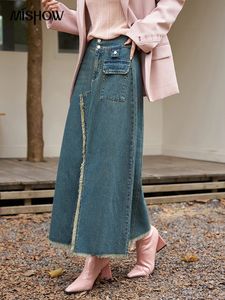 Mishow Front Split Irregular denimkjol för kvinnor Autumn American Retro Pockets Versatile Female A-Line MXC42B0117 240424