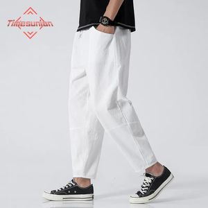 100% Cotton Summer Casual Pants Man Trendy Japanese Cropped Pants Loose Pants Men 5xl 240423