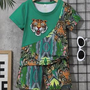 Roupas conjuntos de 2024 verão 4-14 anos crianças crianças meninos e meninas de tigre 3D Padrão de tigre de poliéster Shorts de manga curta