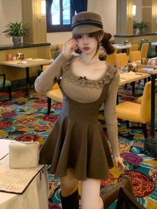 Рабочие платья Kawaii Preppy 2 Piece Dress Set Woman Fasual Vintage Slim Y2K вязаный свитер сладкий элегантный мини 2024 весна японцы