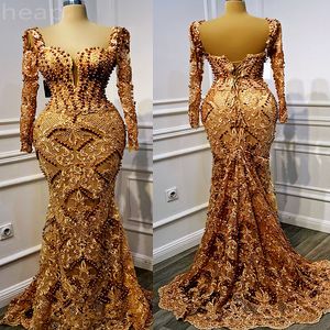 2024 Aso Ebi Gold Mermaid Prom Dress Pearls Lace Luxurious Evening Formal Party Second Reception 50th Birthday Engagement Gowns Dresses Robe De Soiree ZJ325