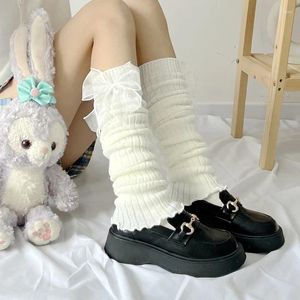 Women Socks Japanese Lolita White Black Bow Tie Leggings Girls Kawaii Knitted Boot Cuffs Warm Foot Cover