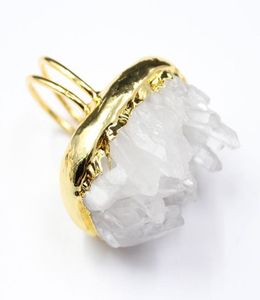 GuaiGuai Jewelry Natural Clear Quartz Druzy rough Cluster dom Shape Gold color Electroplated Ring Adjustable7662834