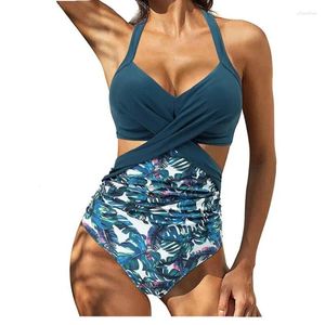 Women's Swimwear 1Pc Summer One-Piece Swimsuit With Breast Pad Backless Sleeveless Floral Leopard Patchwork Cross Sexy