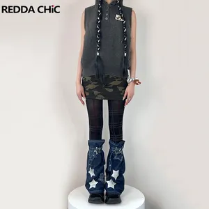 Женские носки Reddachic Glitter Star Star Denim Patchwork Vintage Dony Posed Blue Jeans Boots Cover Y2K StreetWearrr