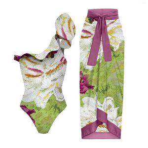 Kvinnors badkläder One Shoulder Ruffled Print Swimsuit Set Swim Suit Women