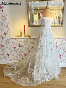 신부 로브 드 마리이 비치 스윕 열차를위한 꽃 웨딩 드레스 인쇄 연인 신부 가운