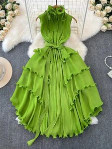 Casual Dresses Summer Runway Designer veckad klänning Kvinnor ärmlös överdimensionerade ruffles lapptäcke draperade boho strandkläder semester vestidos