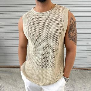 Leisure Solid Color Hollow Out Mens Knit Camisoles Summer Casual o Sece Frunte Frub