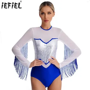 Stage Wear Womens Sequins Tassel Gymnastics Leotard Cutout Back Mesh Long Sleeve Fringe Bodysuit Latin Lyrical Dance Performance Costume