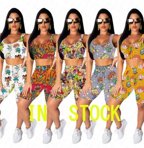 Shorts Biker Set Women Cartoon Stamping Due pezzi Traccettatura Sexy Summer Outfits Oneck Crop Sthirt Tshirt Short Pants Sports S9415808