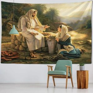 Tapestries Vintage Art Print Large Tapestry Wall Hanging Bohemian Home Decor Jesus Mural Background Cloth Aesthetic Room