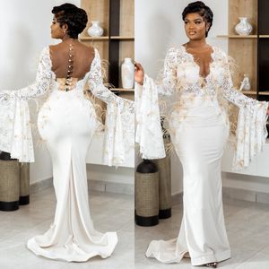 2024 Mermaid Wedding Dress For Bride Bridal Gowns Illusion Long Sleeves Feathered Wedding Gowns for African Black Women Girls Marriage D235