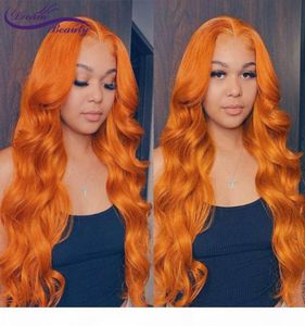 オレンジジンジャーカラー13x6フロントプリックブラジルの波状の人間の髪のglueless 180密度レミーレース正面ウィッグス6762546