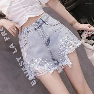 Frauen Jeans Frauen bestickte Blumen Denim Casual Shorts weibliche Sommer mit hoher twaistischen locker sitzenden Weitbein süßen hellblau Q891