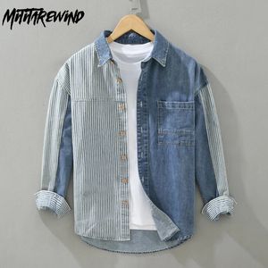 Herrens denim skjortor Spring High Street Loose Full Hermes Jean Tops Stripe Patchwork Designer Shirt Youth Fashion Overshirt 240423