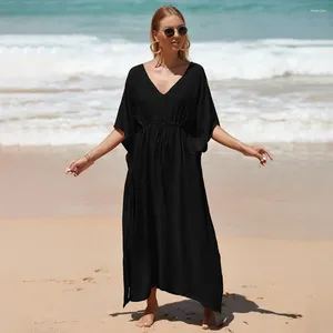 Spring Summer Beach Smock Rayon Taille Draw String Holiday Gown Bikini Sonnenschutzhemd Frauen Mantel Wein schwarz